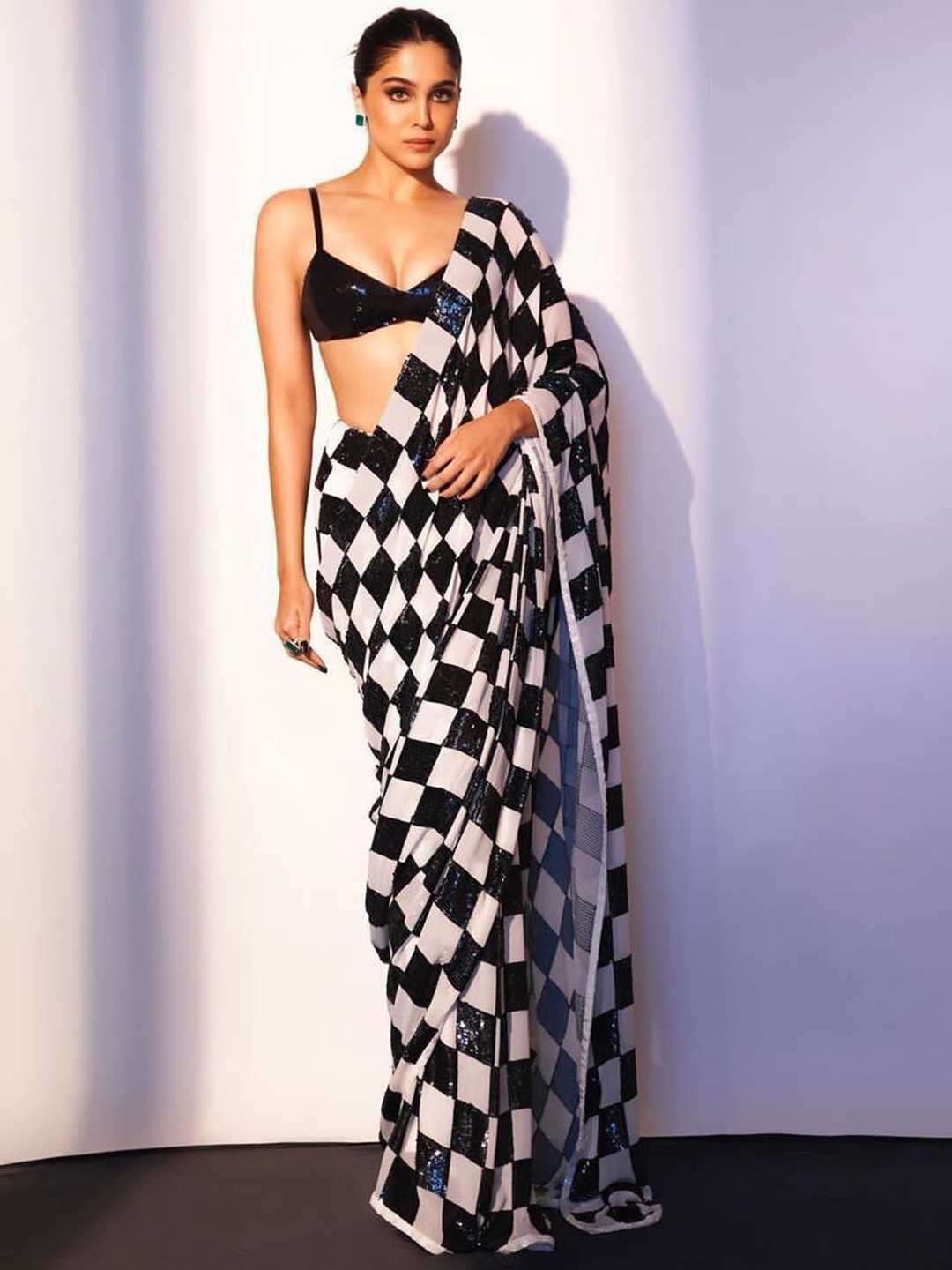 

Mitera Checked Printed Sequinned Art Silk Saree, Black