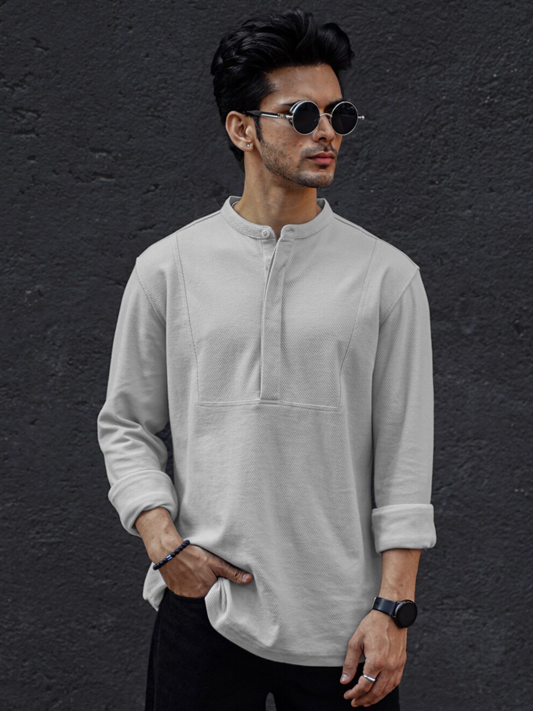 

Powerlook Mandarin Collar Cotton T-shirt, Grey