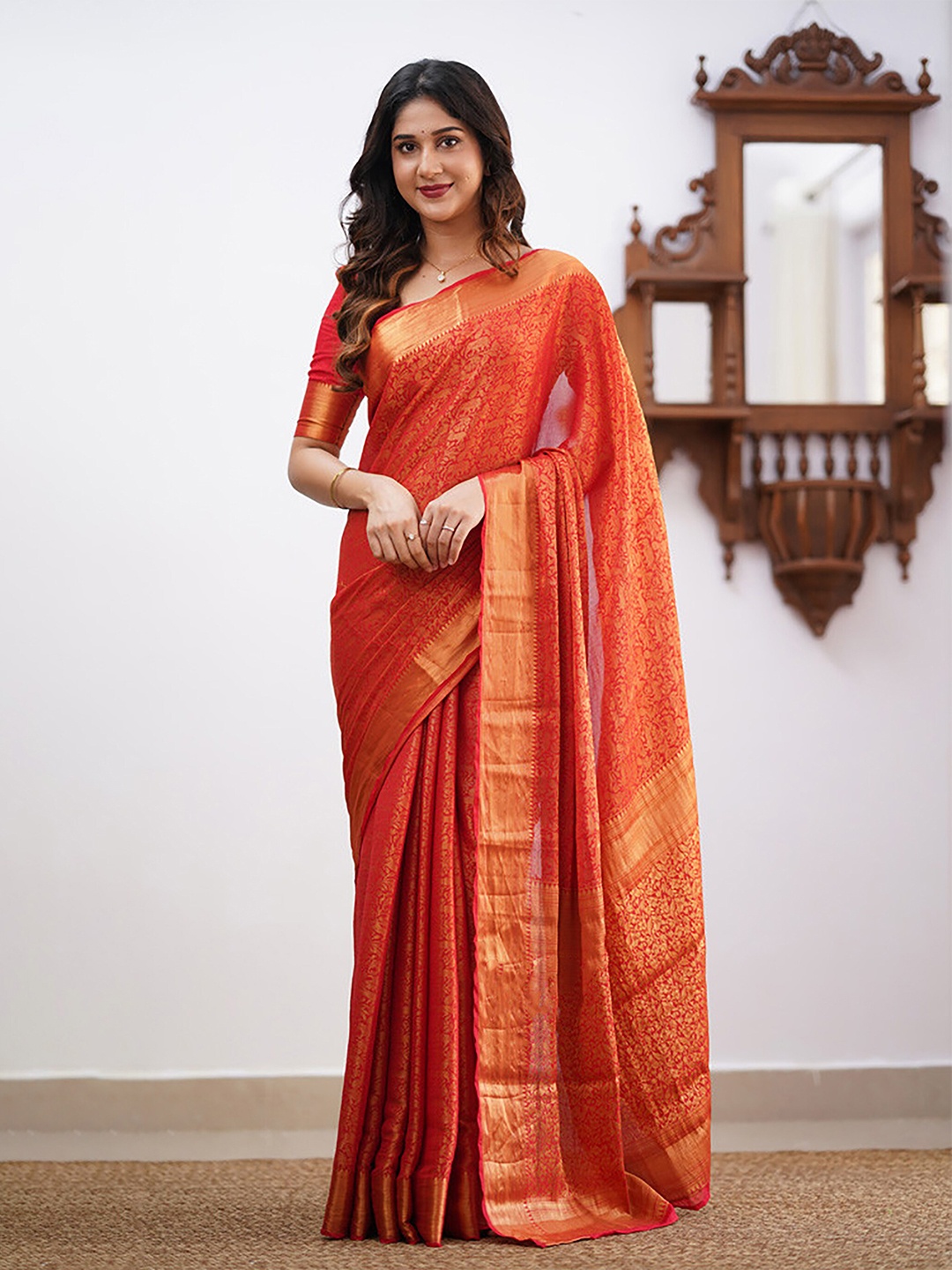 

KALINI Ethnic Motifs Woven Design Zari Banarasi Saree, Red