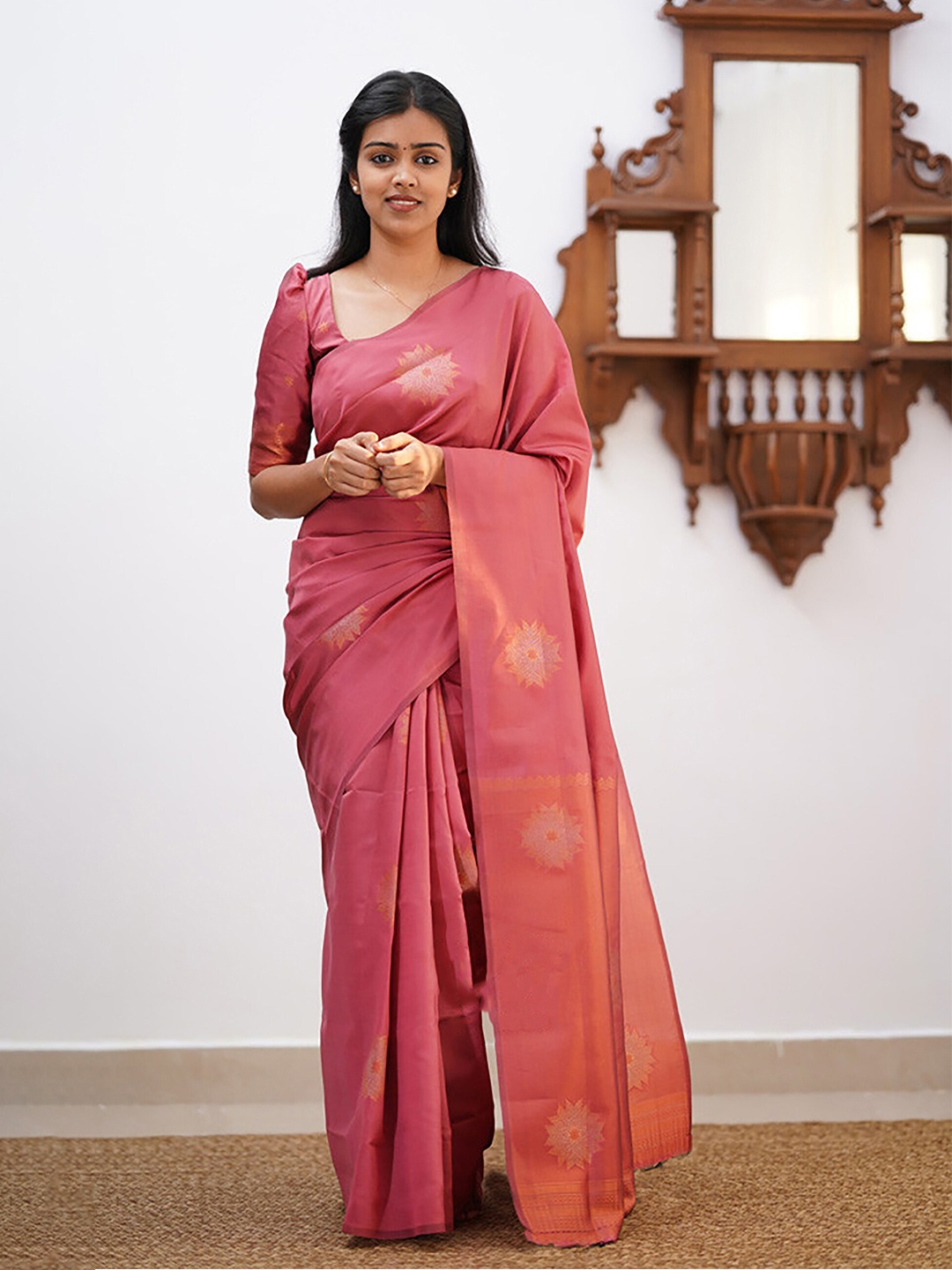 

KALINI Ethnic Motifs Woven Design Zari Banarasi Silk Saree, Peach