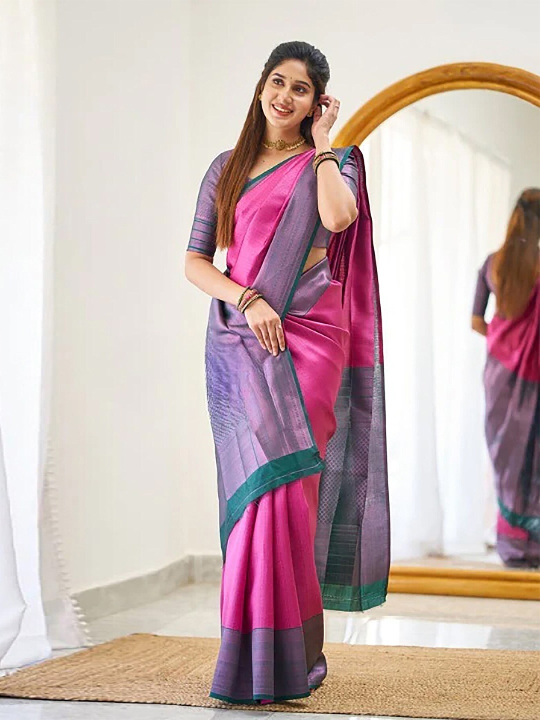 

KALINI Ethnic Motifs Woven Design Zari Banarasi Saree, Pink