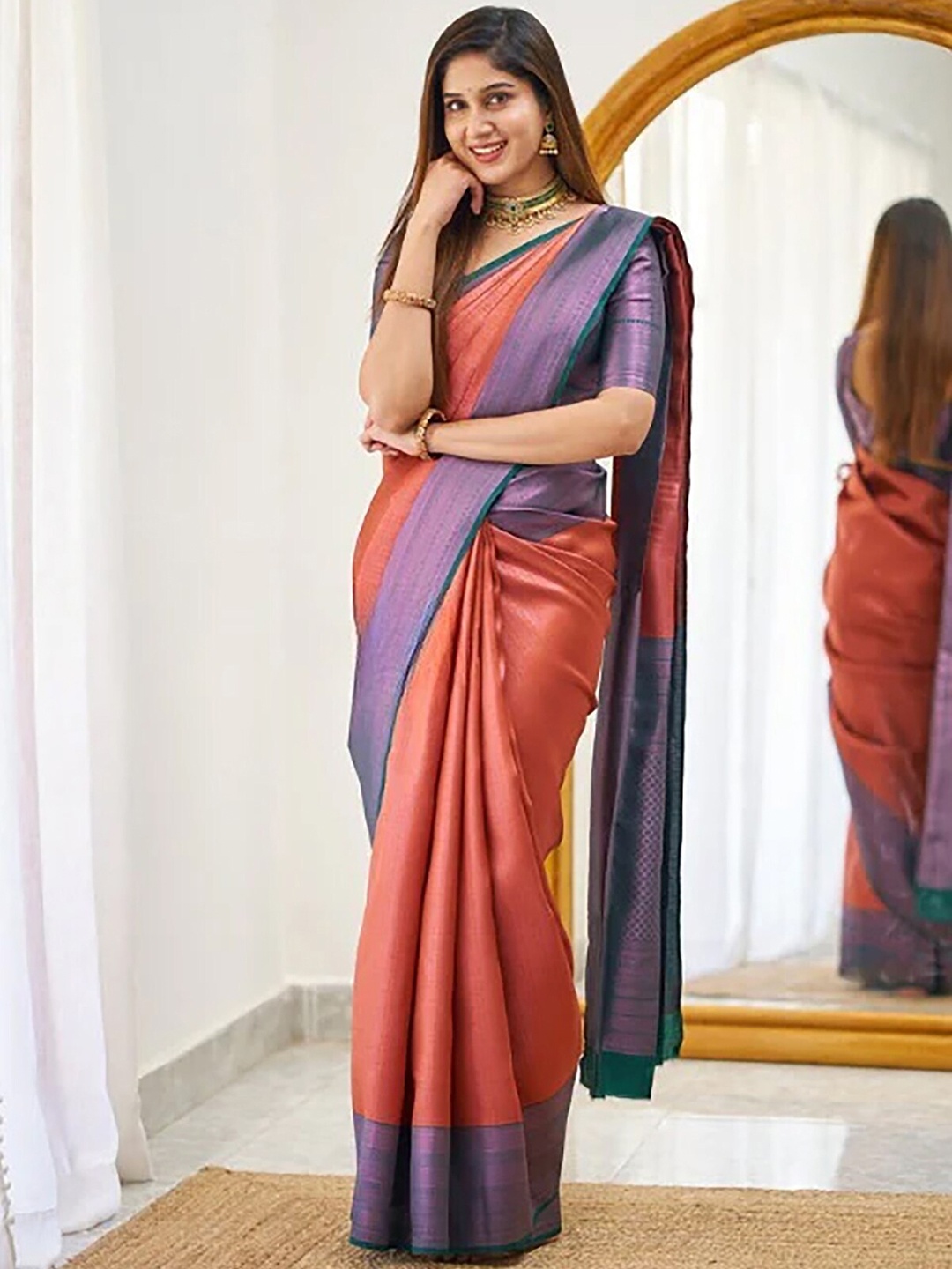 

KALINI Ethnic Motifs Woven Design Zari Banarasi Saree, Peach