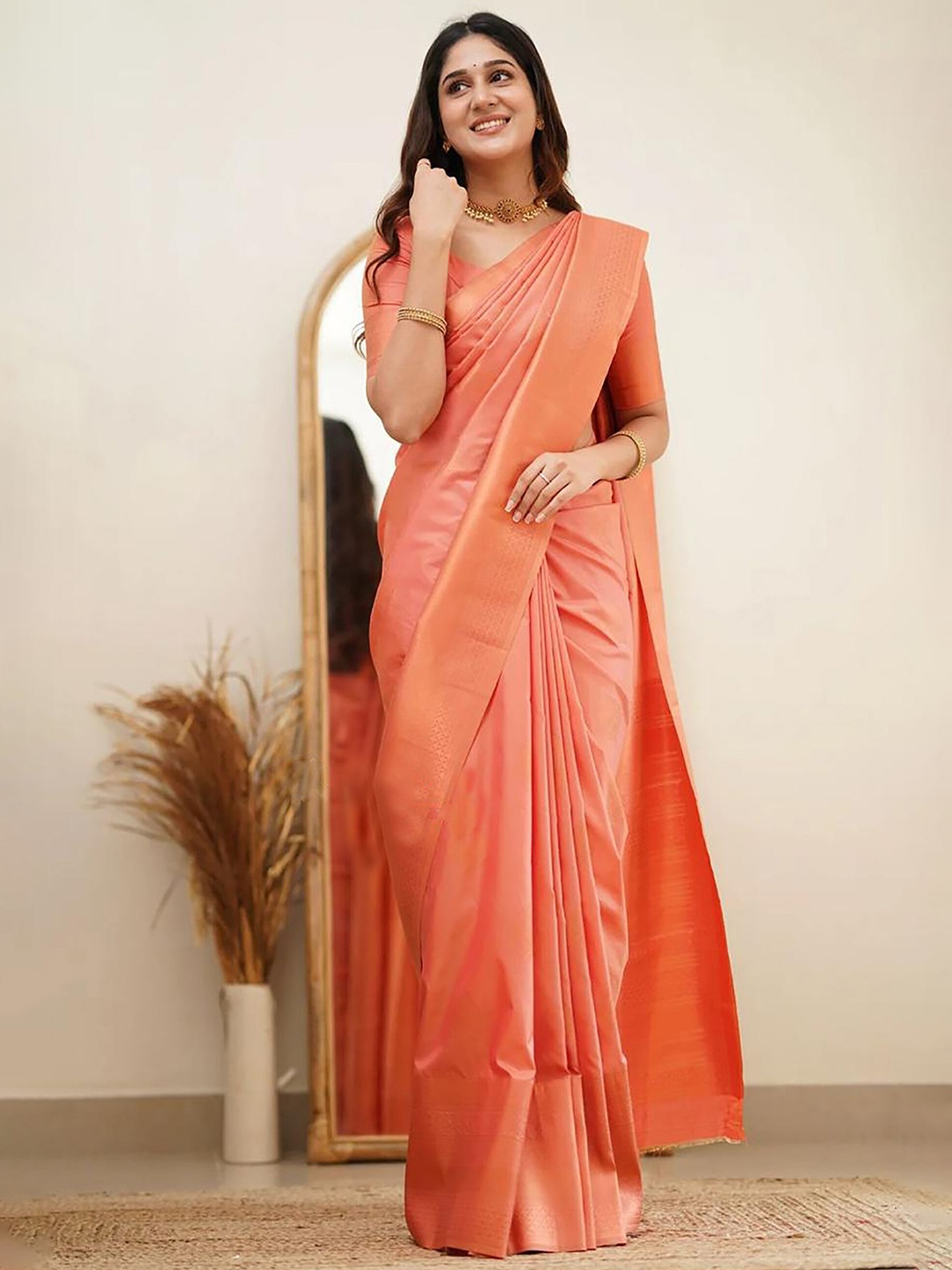 

KALINI Ethnic Motifs Woven Design Zari Banarasi Saree, Orange