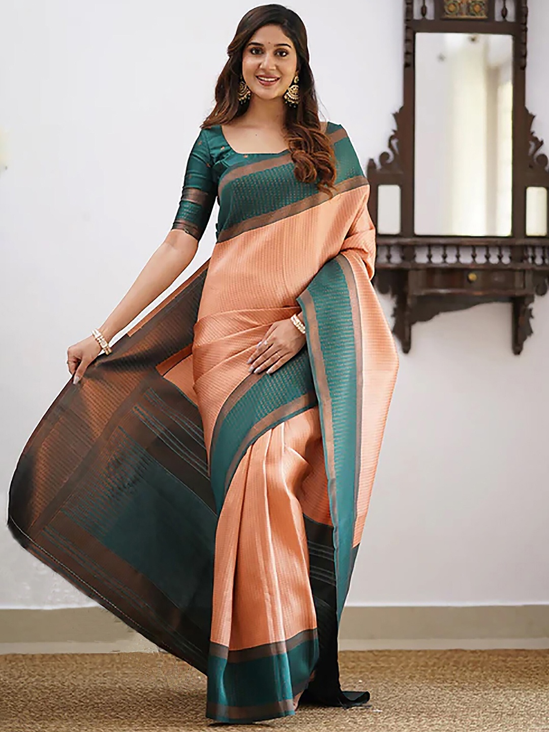 

KALINI Striped Zari Banarasi Silk Saree, Orange