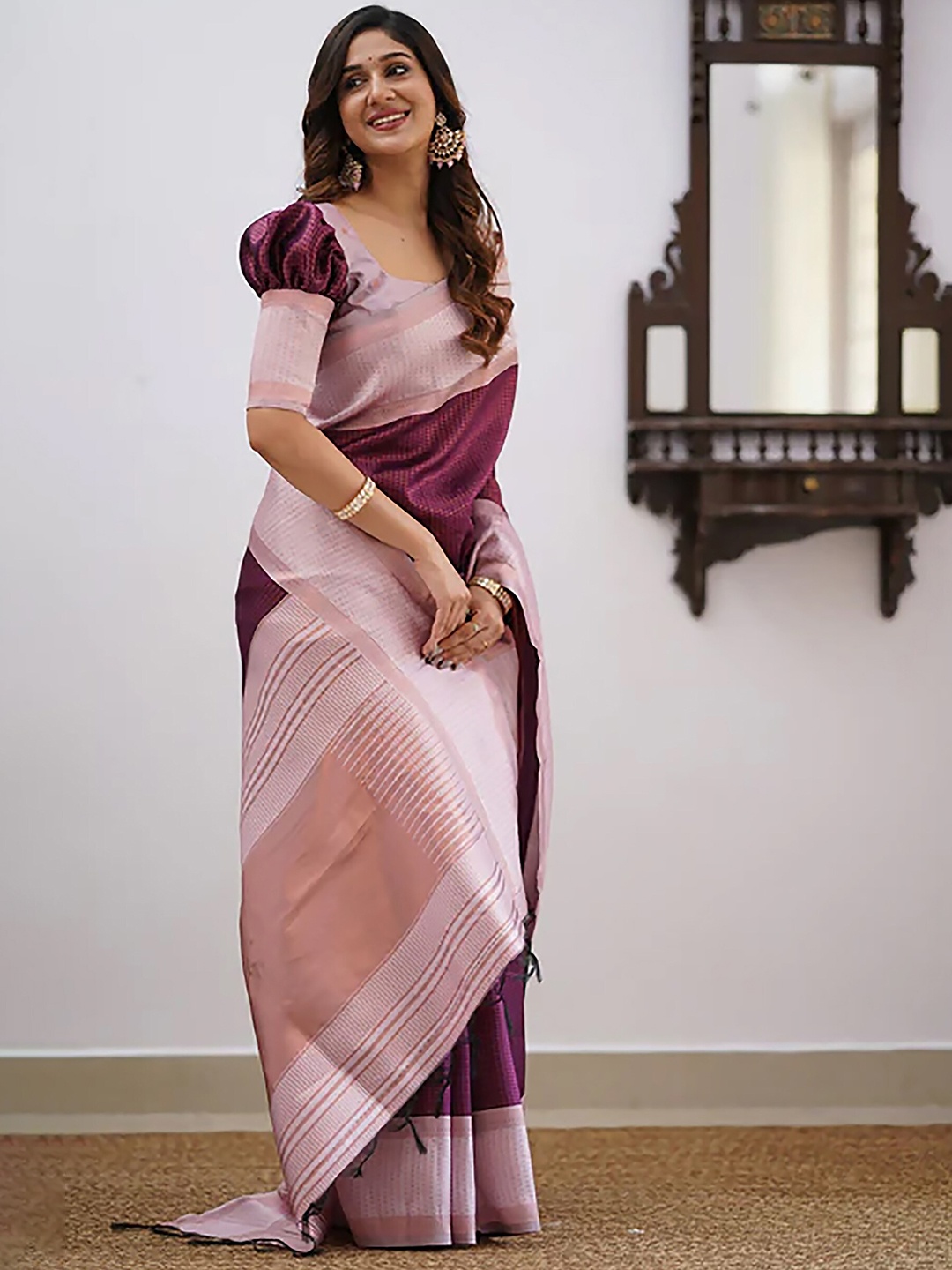 

KALINI Ethnic Motifs Woven Design Zari Banarasi Silk Saree, Purple