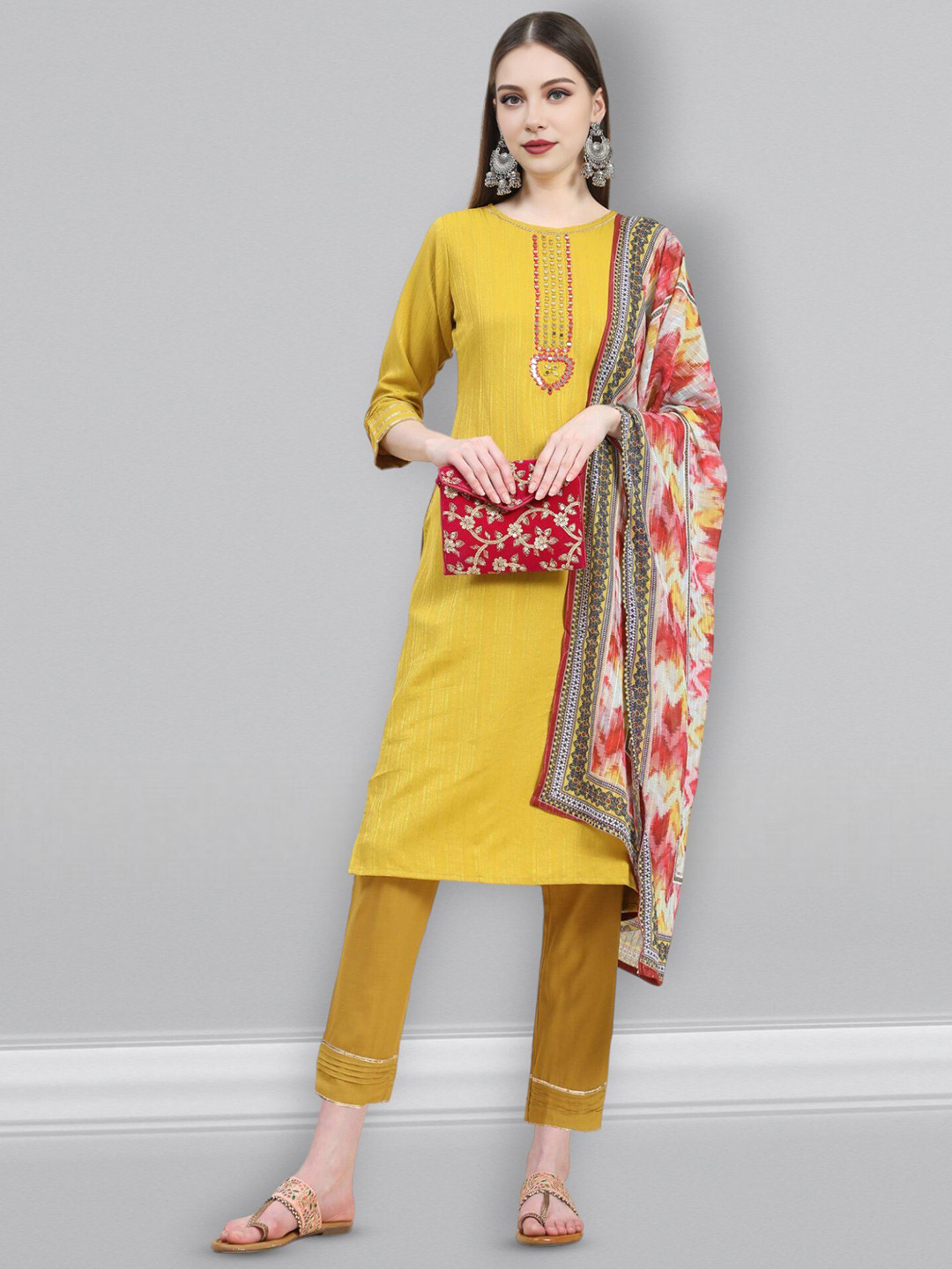 

Growish Chevron Embroidered Mirror Work Pure Cotton Kurta with Trousers & Dupatta, Yellow