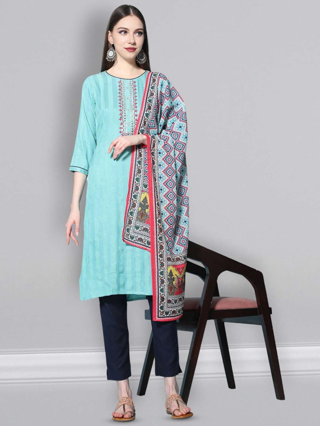 

Growish Geometric Embroidered Pure Cotton Straight Kurta with Trousers & Dupatta, Blue