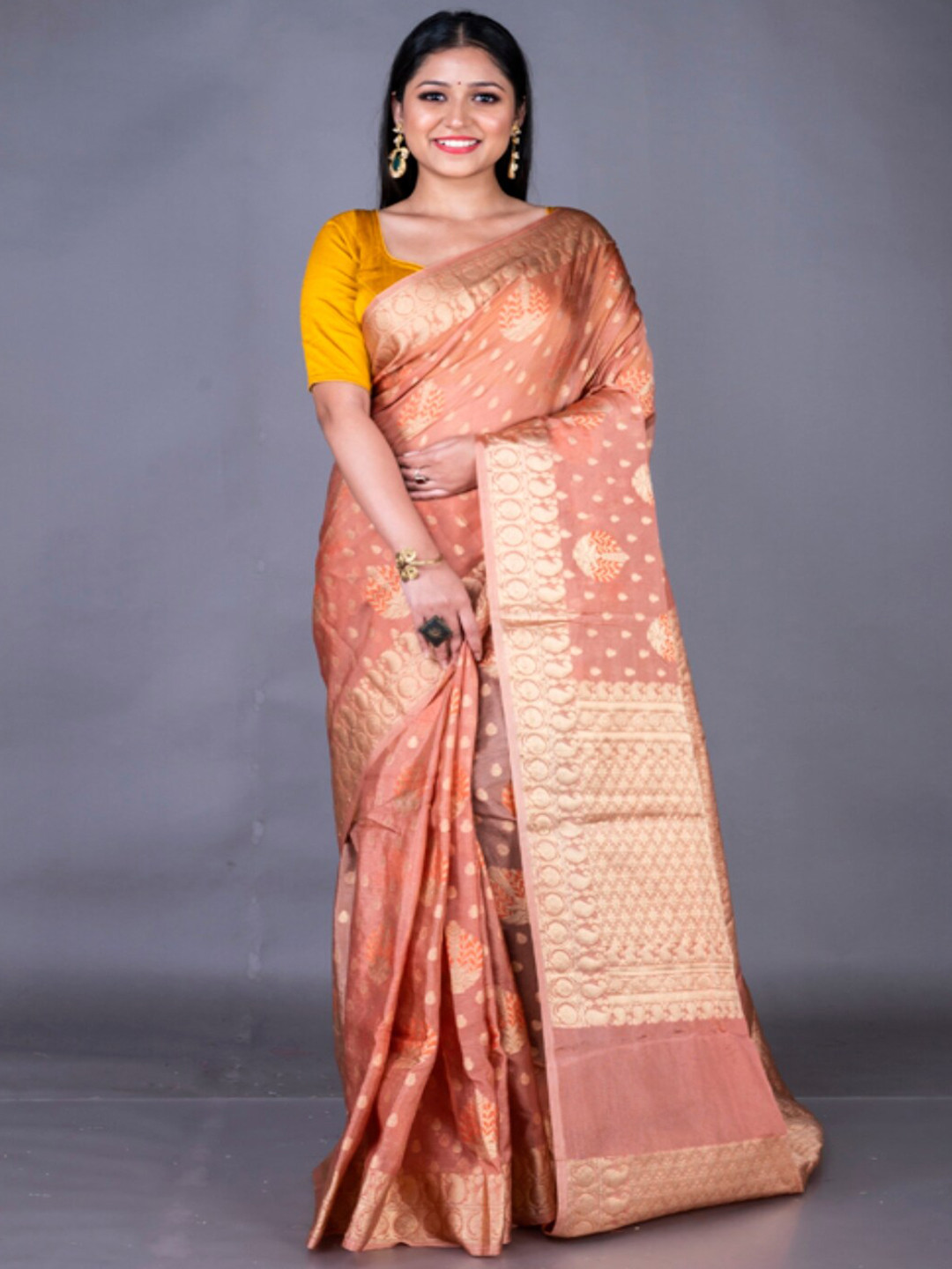 

Morchari Ethnic Motifs Zari Pure Silk Banarasi Saree, Peach