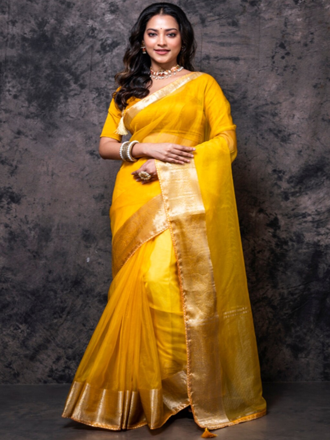 

Morchari Woven Design Zari Organza Saree, Yellow