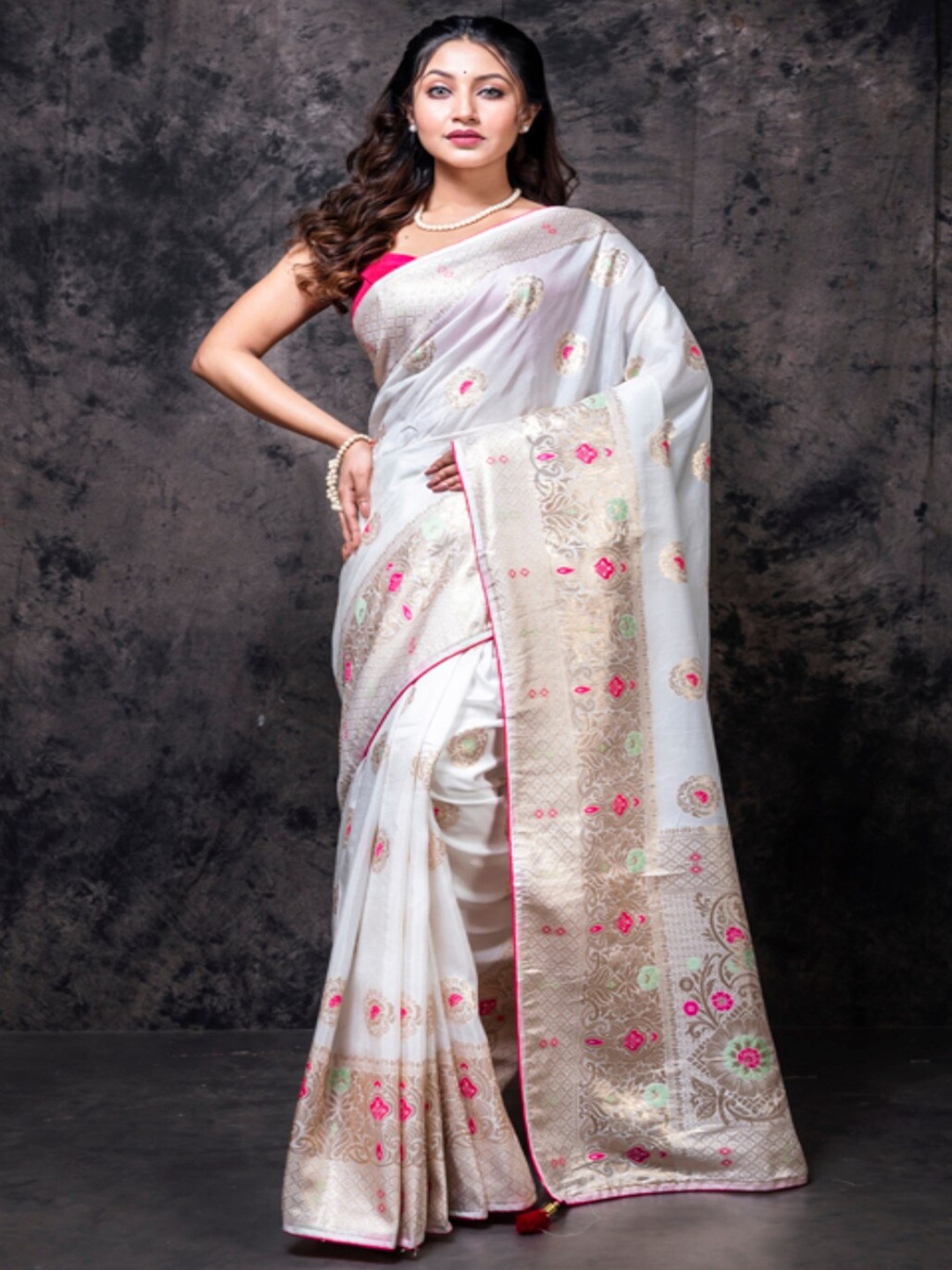 

Morchari Cream & Pink Woven Design Zari Pure Silk Saree