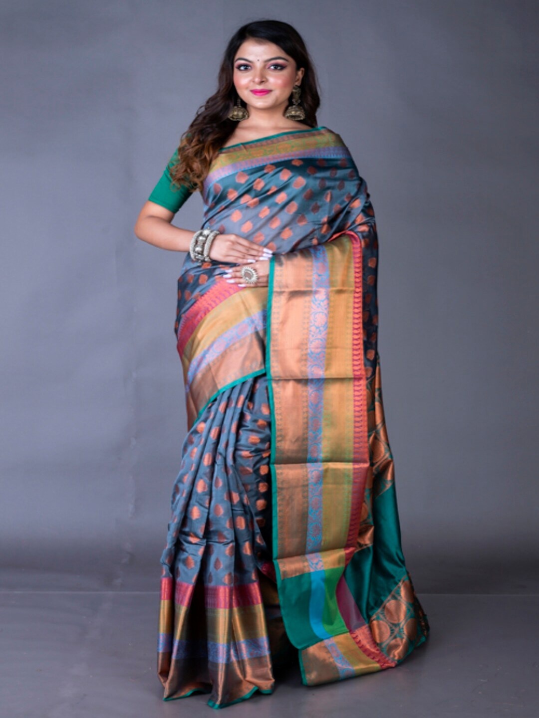 

Morchari Ethnic Printed Zari Banarasi Saree, Grey