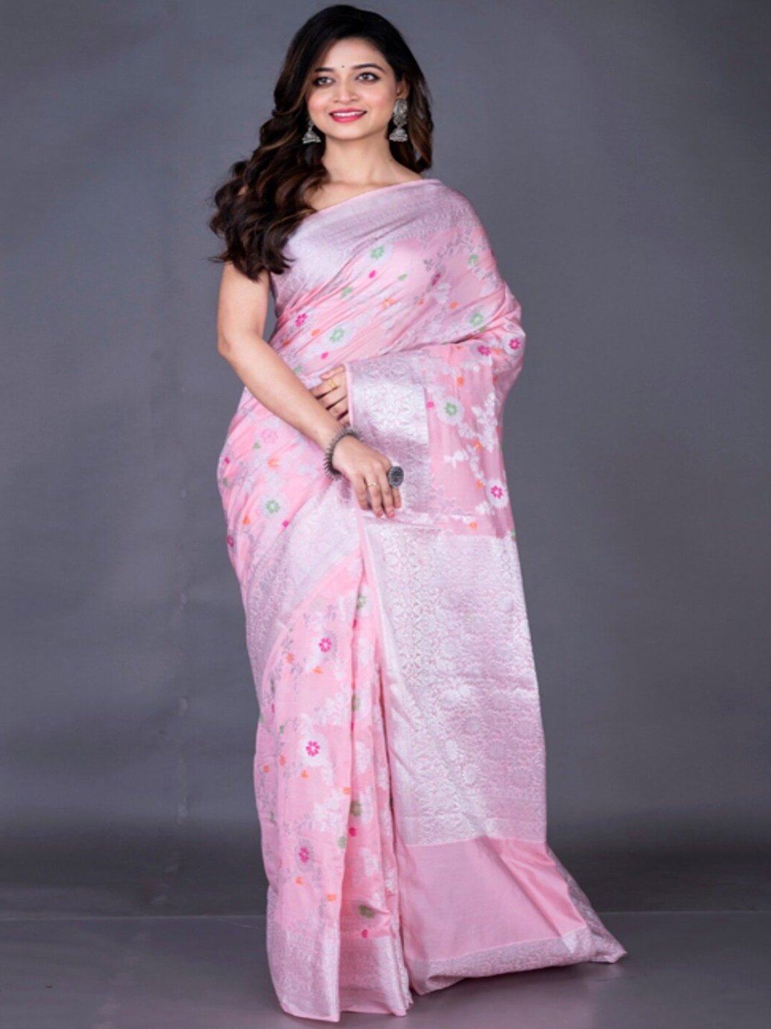 

Morchari Woven Design Zari Pure Silk Banarasi Saree, Pink