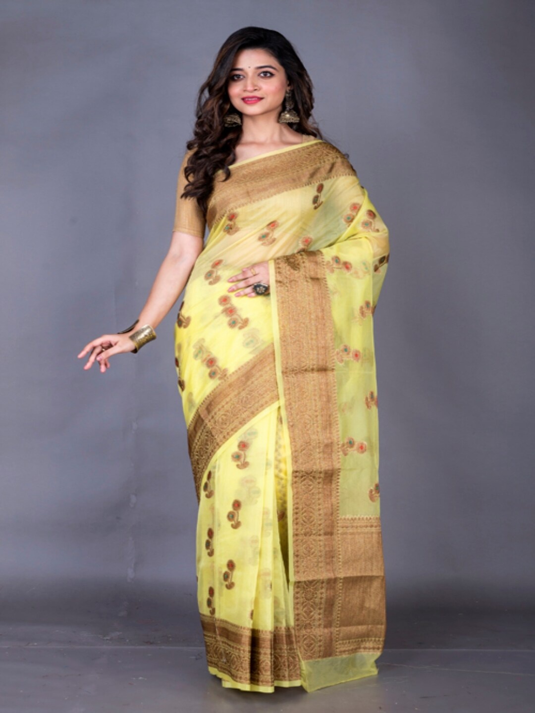 

Morchari Floral Woven Design Zari Pure Silk Banarasi Saree, Yellow