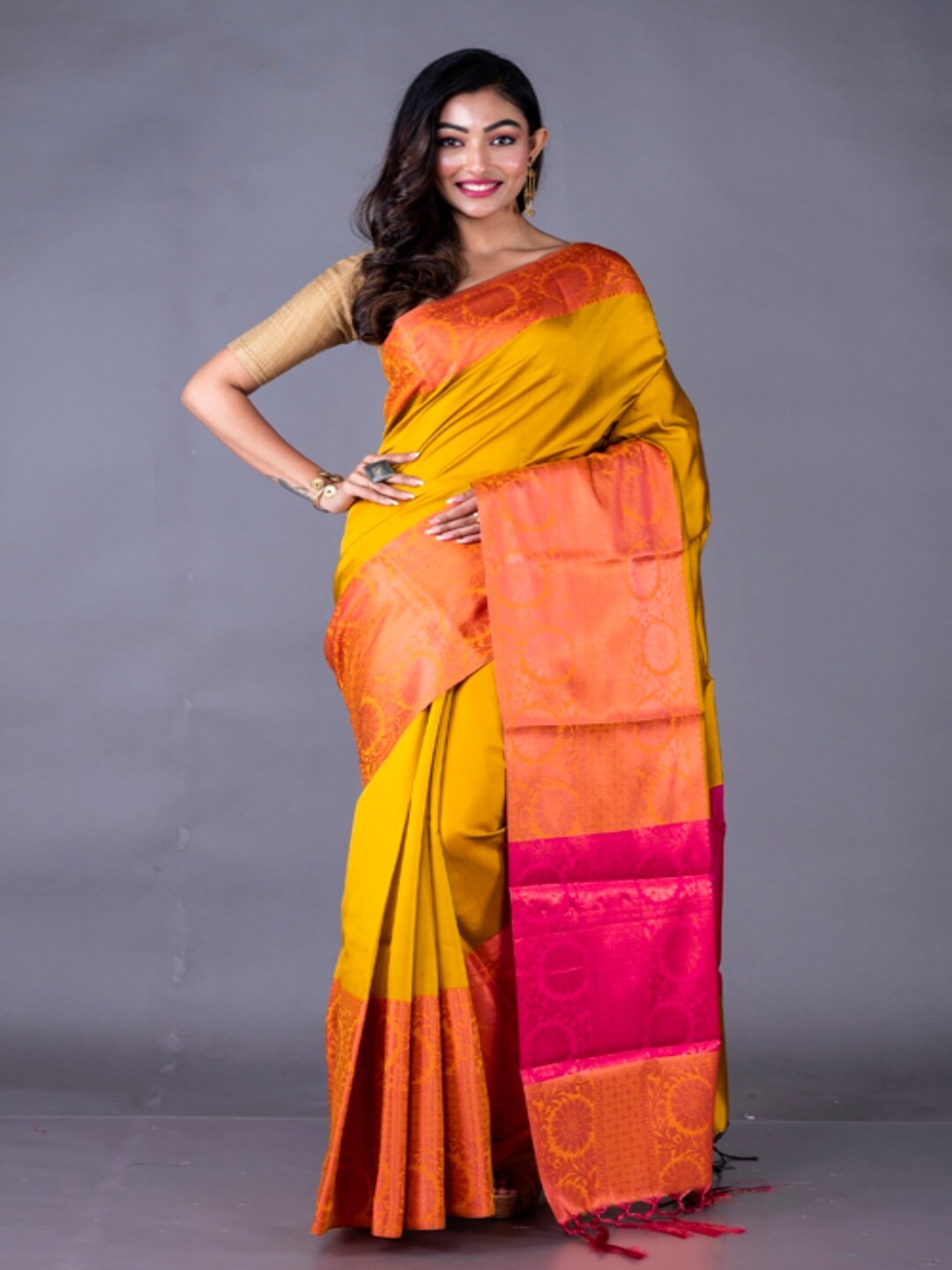 

Morchari Zari Banarasi Saree With Woven Design Border, Mustard