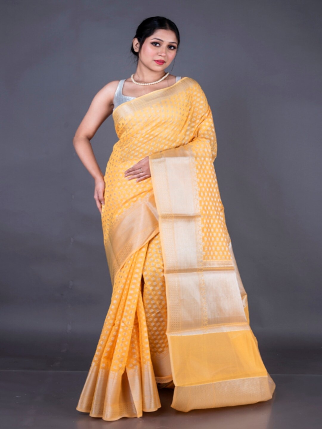 

Morchari Ethnic Motifs Woven Design Zari Banarasi Saree, Yellow