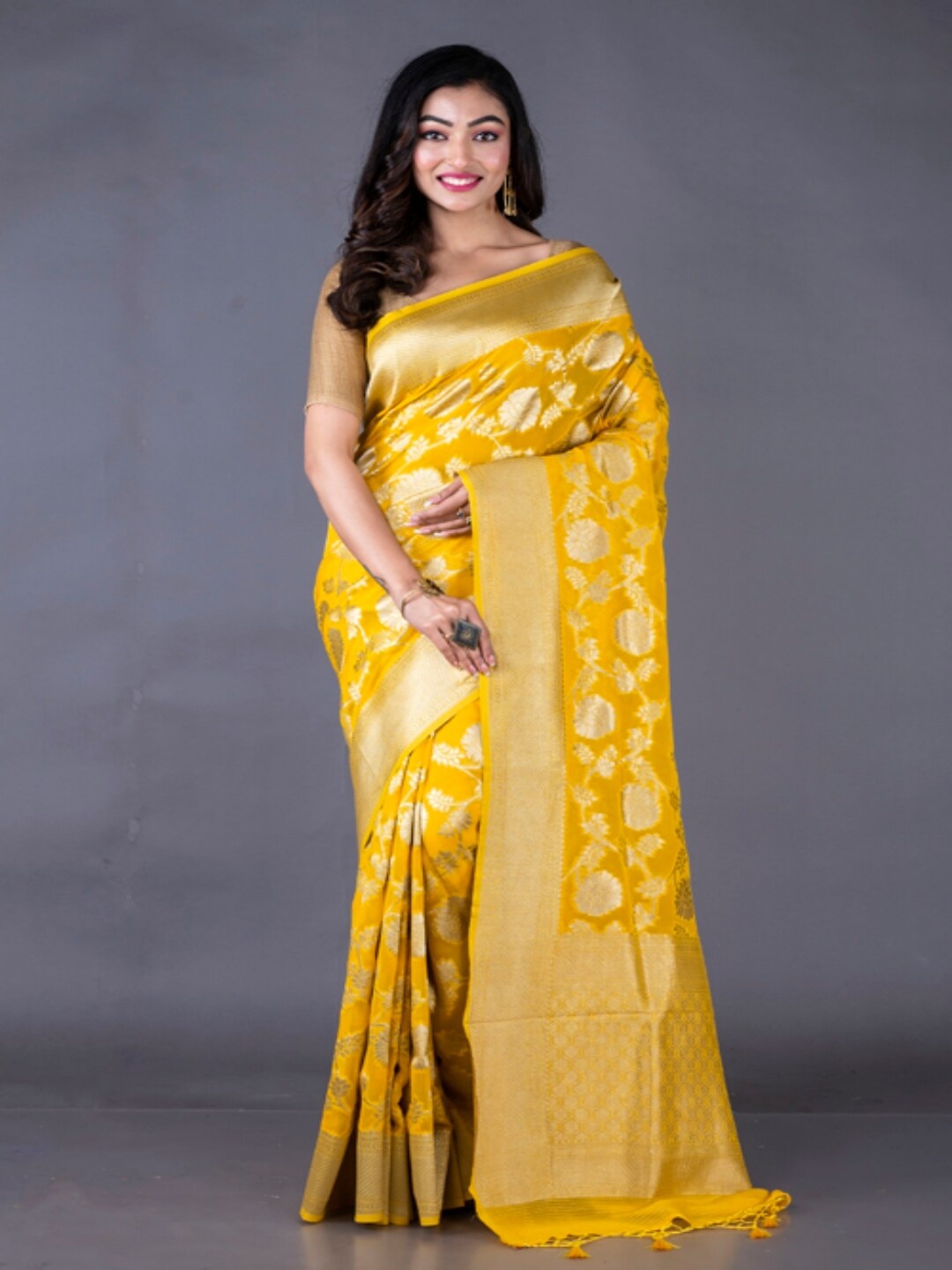 

Morchari Woven Design Zari Pure Georgette Banarasi Saree, Mustard