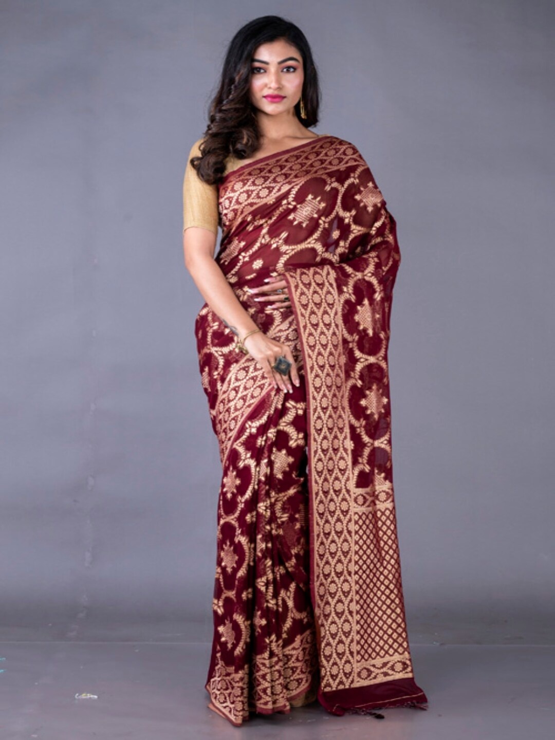 

Morchari Woven Design Zari Pure Georgette Banarasi Saree, Brown