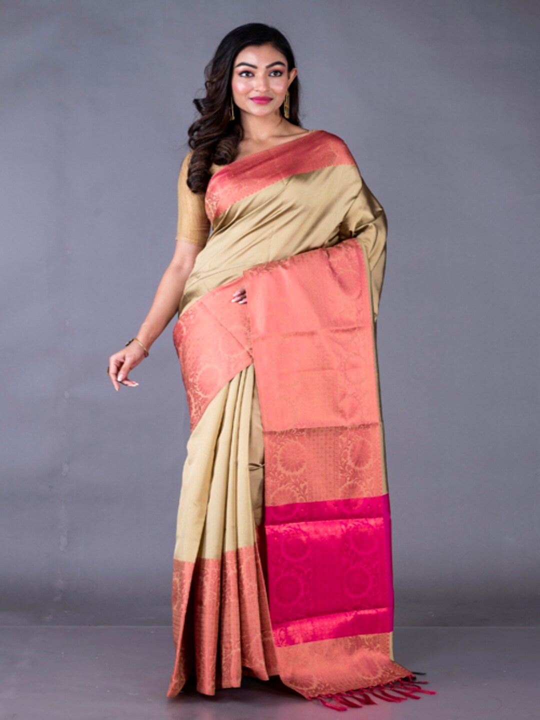 

Morchari Gold-Toned & Pink Zari Woven Design Banarasi Saree