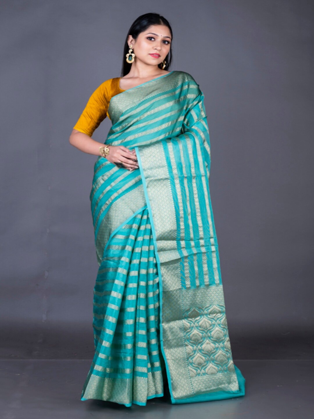 

Morchari Striped Woven Design Pure Silk Zari Banarasi Saree, Sea green