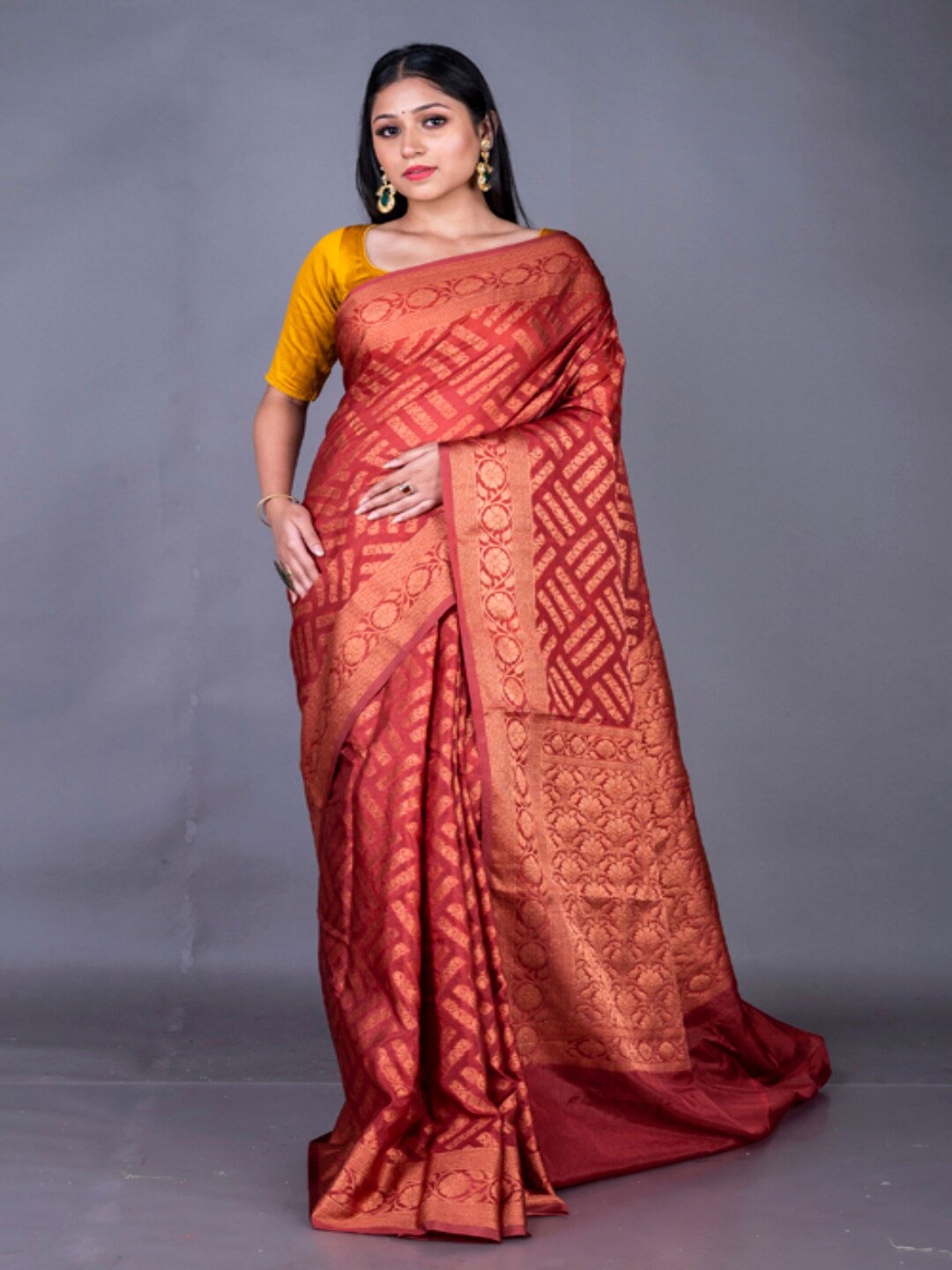 

Morchari Maroon & Copper-Toned Woven Design Zari Pure Silk Banarasi Saree