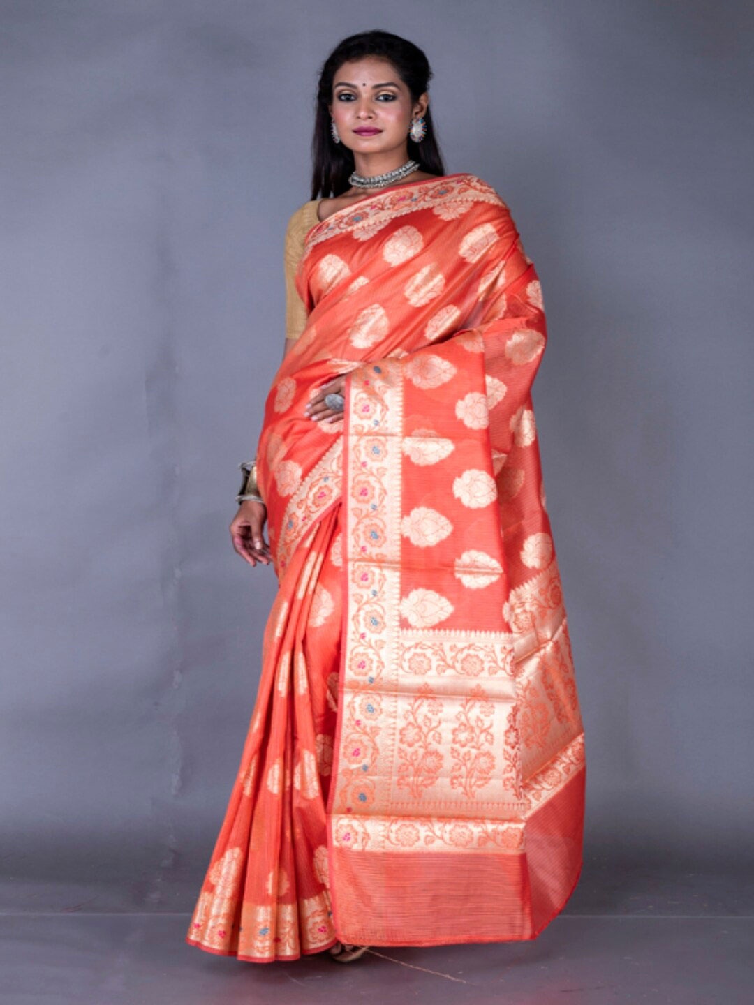 

Morchari Floral Woven Design Zari Banarasi Saree, Orange