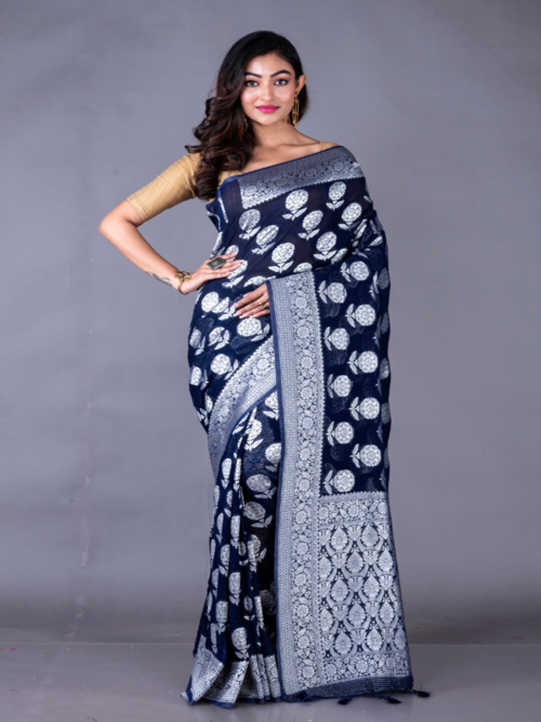 

Morchari Woven Design Zari Pure Georgette Saree with Tassels, Blue