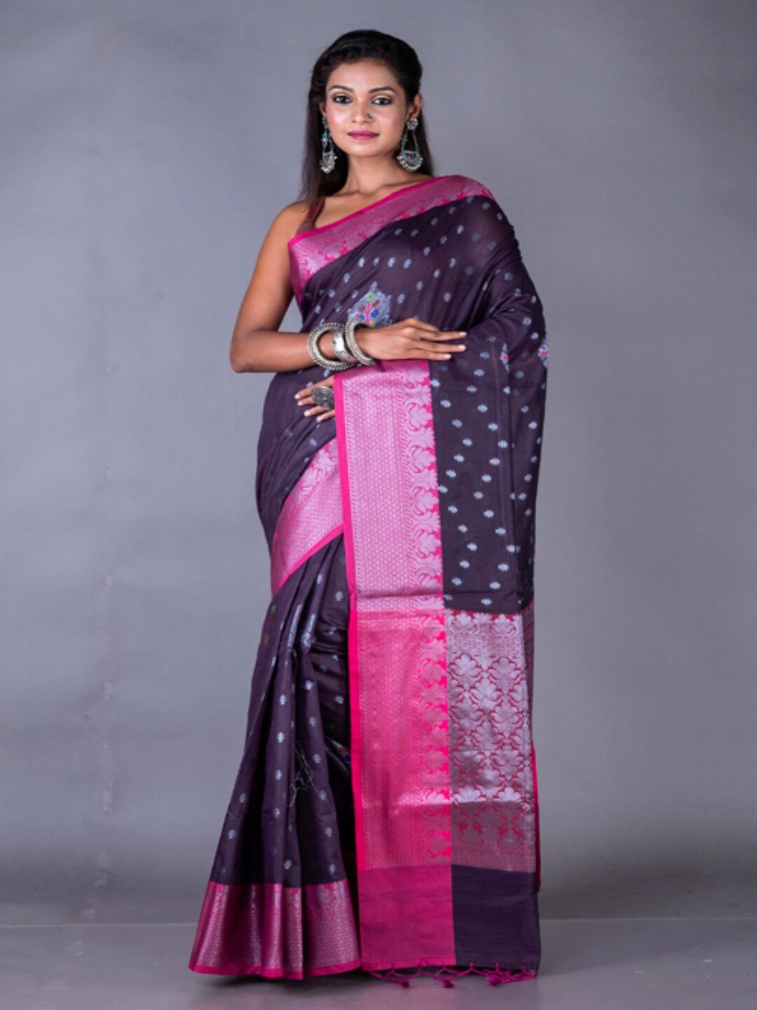 

Morchari Purple & Pink Woven Design Zari Pure Cotton Banarasi Saree