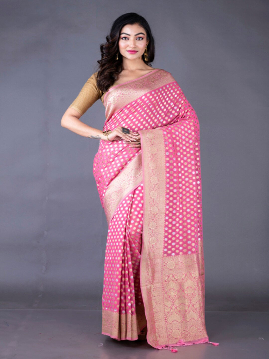 

Morchari Woven Design Zari Pure Georgette Banarasi Saree, Pink