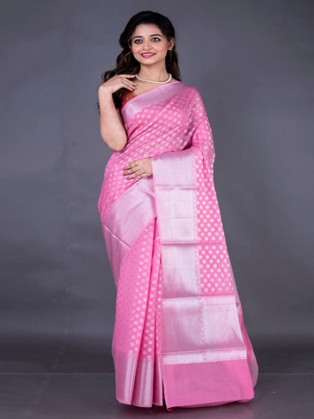 

Morchari Polka Dots Woven Design Zari Banarasi Saree, Pink