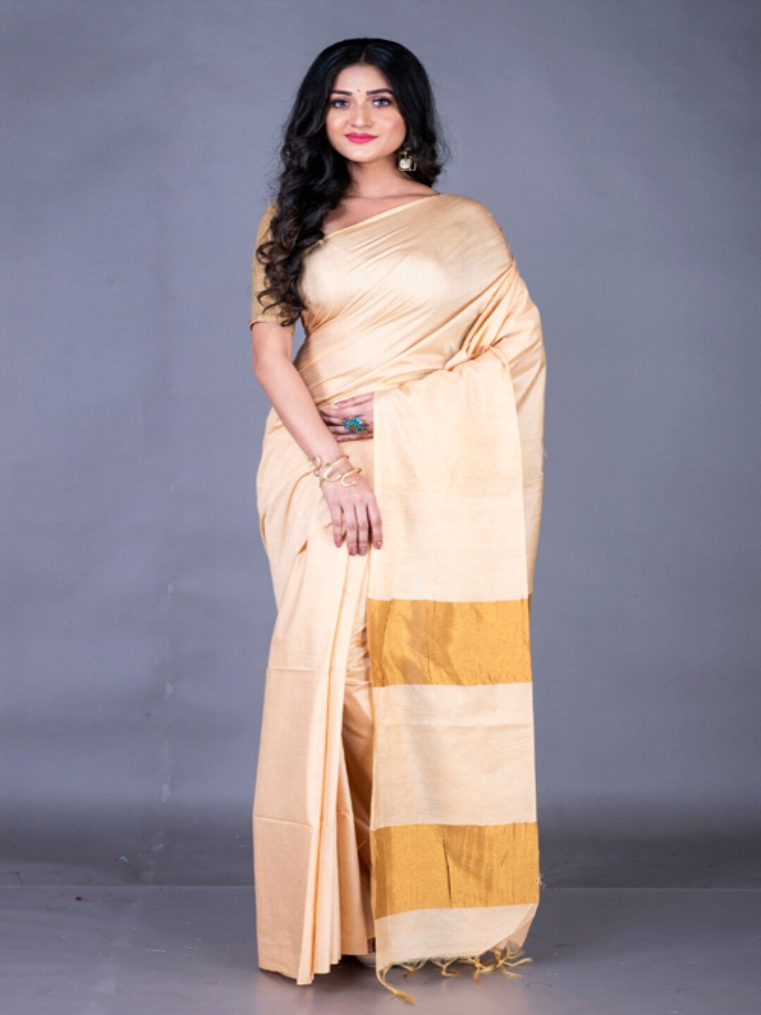 

Morchari Striped Zari Bhagalpuri Saree, Beige