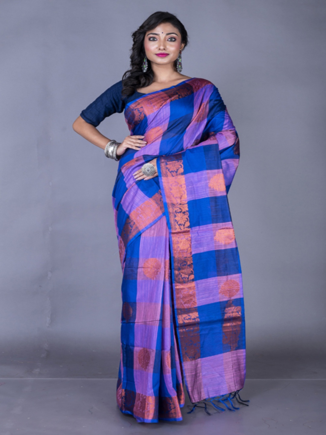 

Morchari Blue & Gold-Toned Woven Design Zari Pure Cotton Banarasi Saree