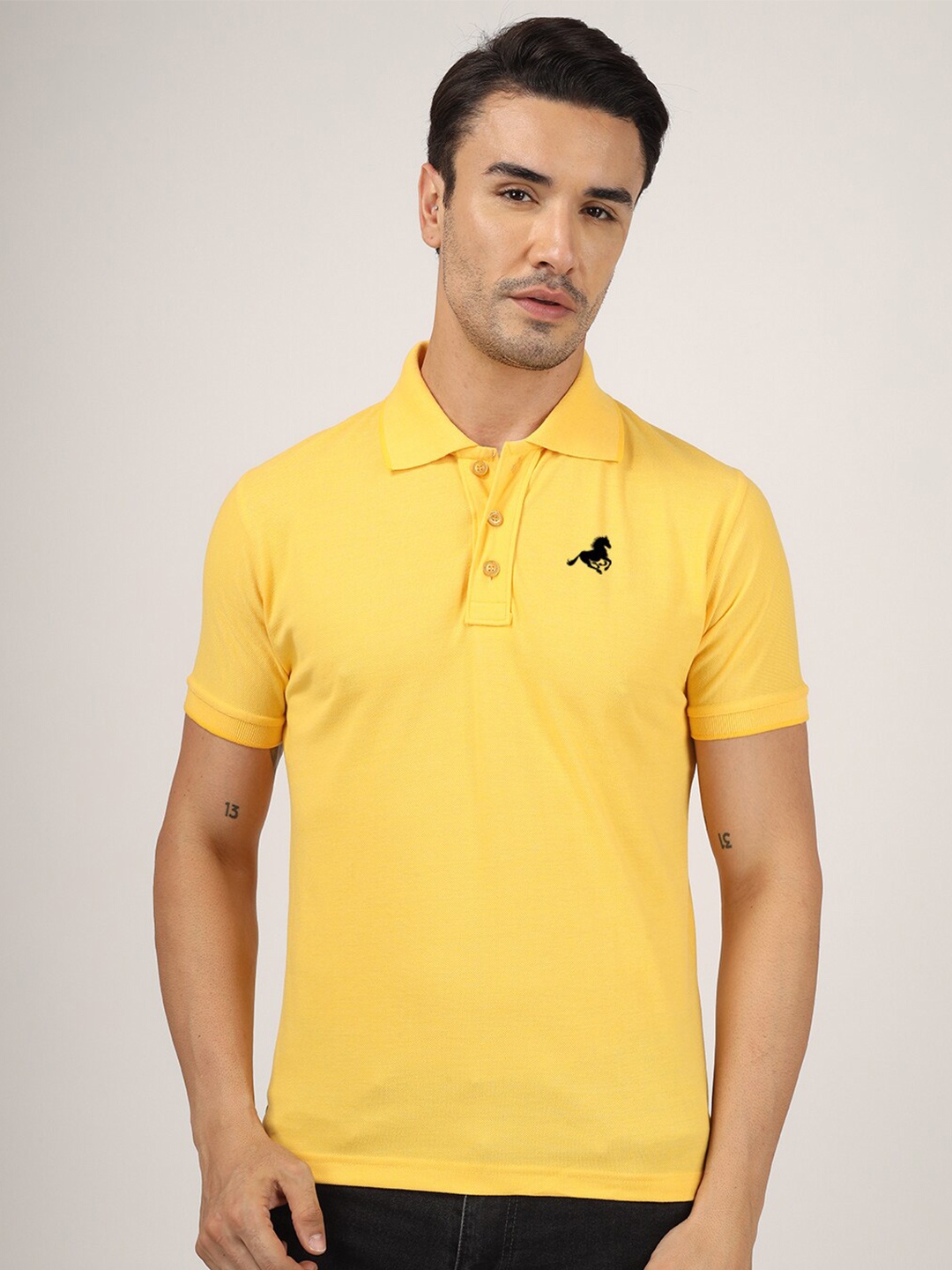 

Greylongg Polo Collar Applique Cotton T-shirt, Yellow