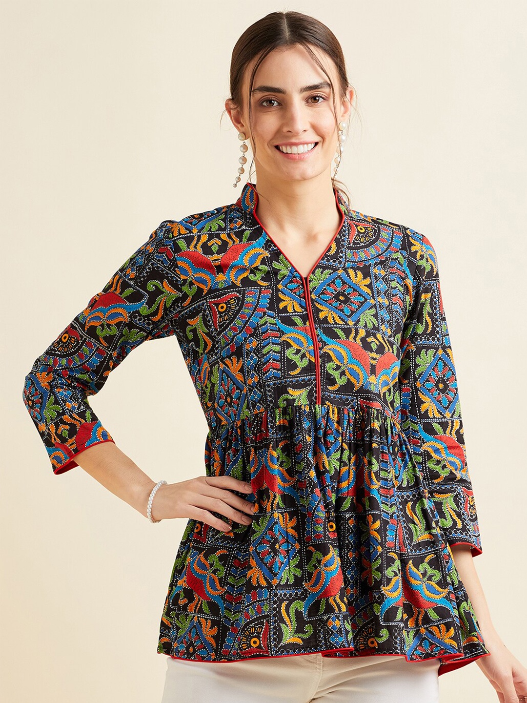 

PANIT Black Paisley Printed Pure Cotton A-line Kurti