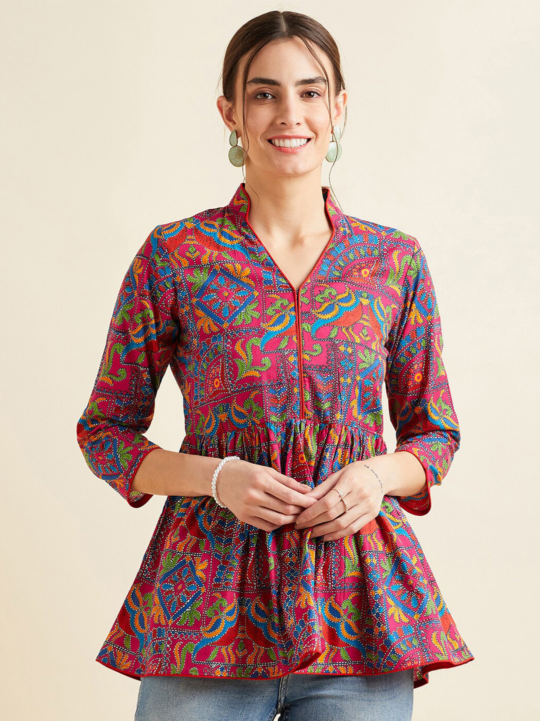 

PANIT Magenta Ethnic Motifs Printed Pure Cotton A-line Kurti