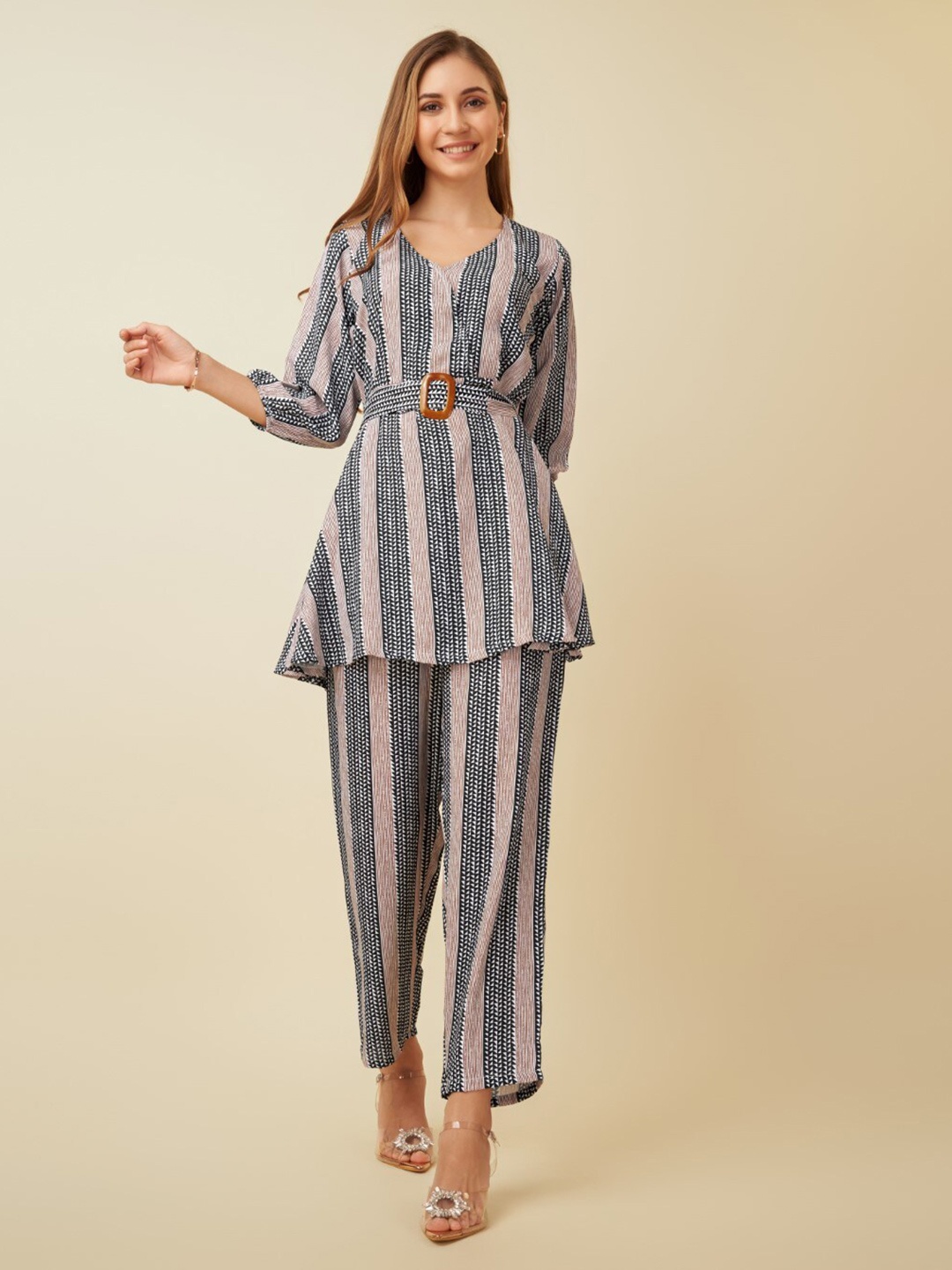

HOUSE OF MIRA Printed V-Neck Tunic & Trousers Co-Ords Set, Brown