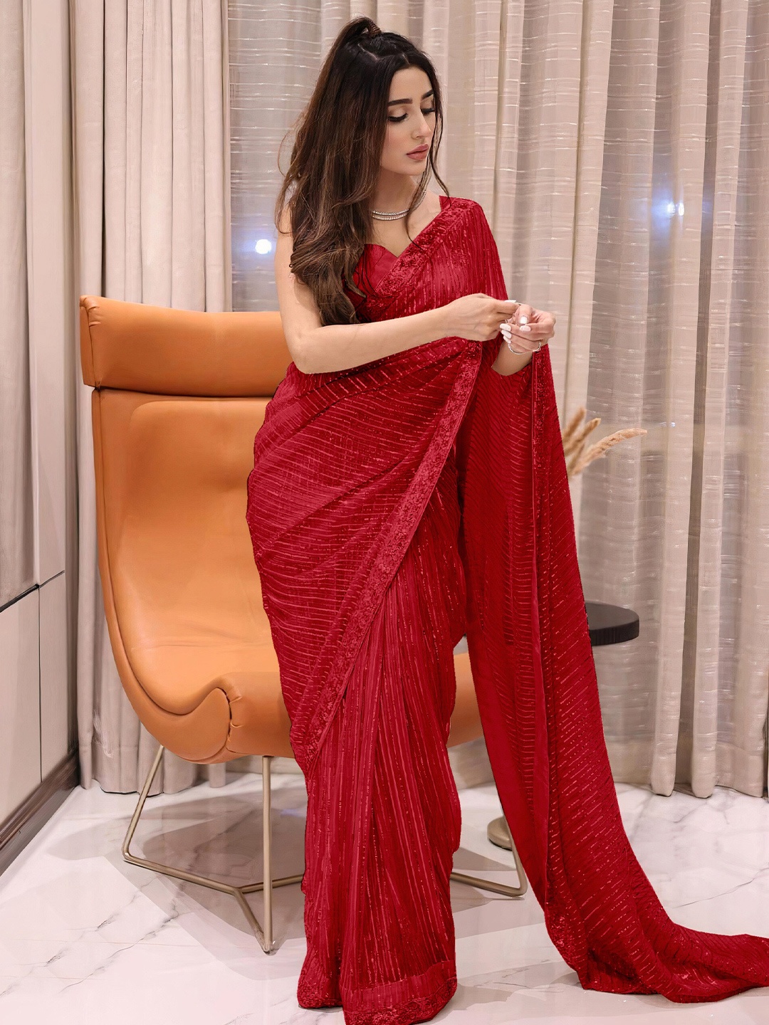 

Angroop Embellished Sequinned Pure Georgette Saree, Red