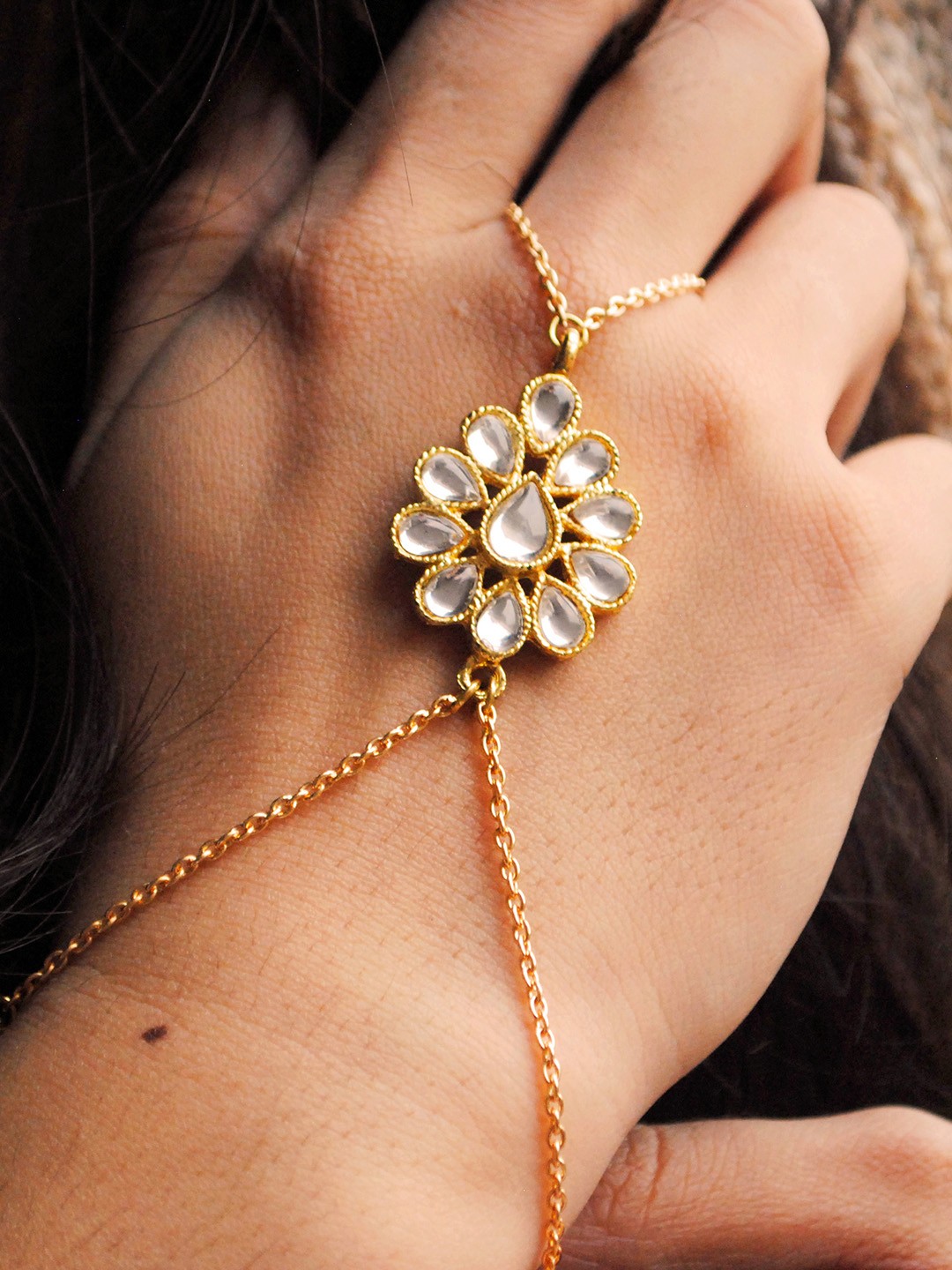 

BeAbhika Kundan Studded Ring Bracelet, Gold