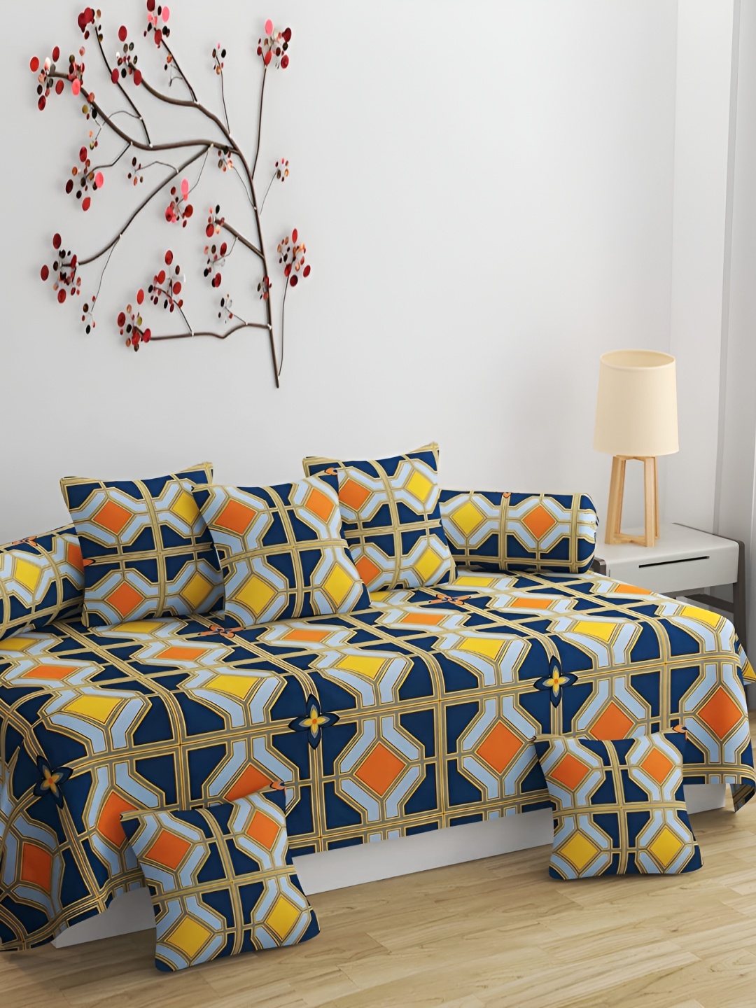 

hargunz Blue 8 Pieces Geometric Printed Bedsheet With Bolster Covers & Cushion Covers