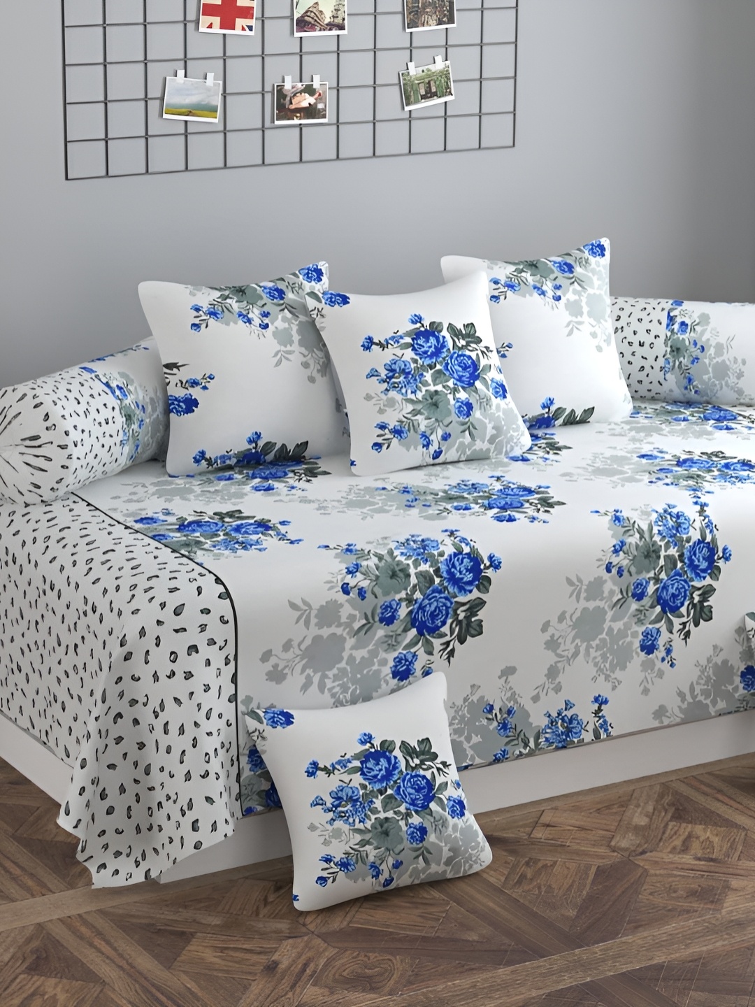 

hargunz Blue 8 Pieces Floral Printed Bedsheet With Bolster Covers & Cushion Covers, White