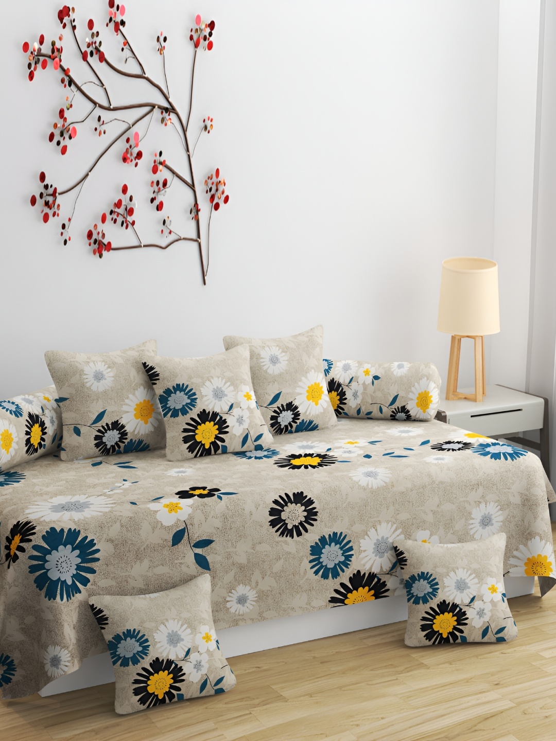 

hargunz Grey 8 Pieces Floral Printed Bedsheet With Bolster Covers & Cushion Covers