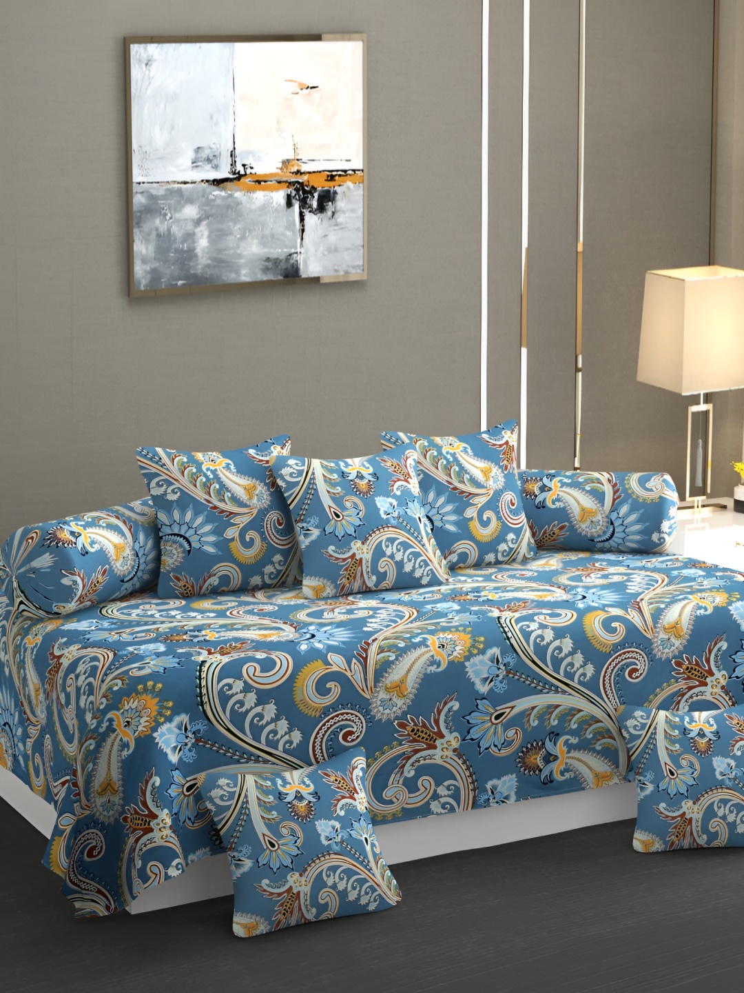 

hargunz Blue 8 Pieces Floral Printed Bedsheet With Bolster Covers & Cushion Covers