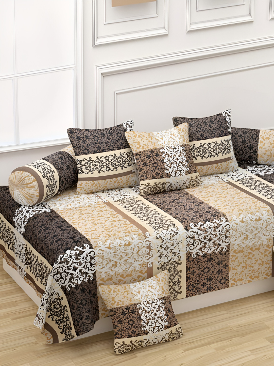 

hargunz Beige & Brown 8 Pieces Ethnic Motifs Bedsheet With Bolster Covers & Cushion Covers