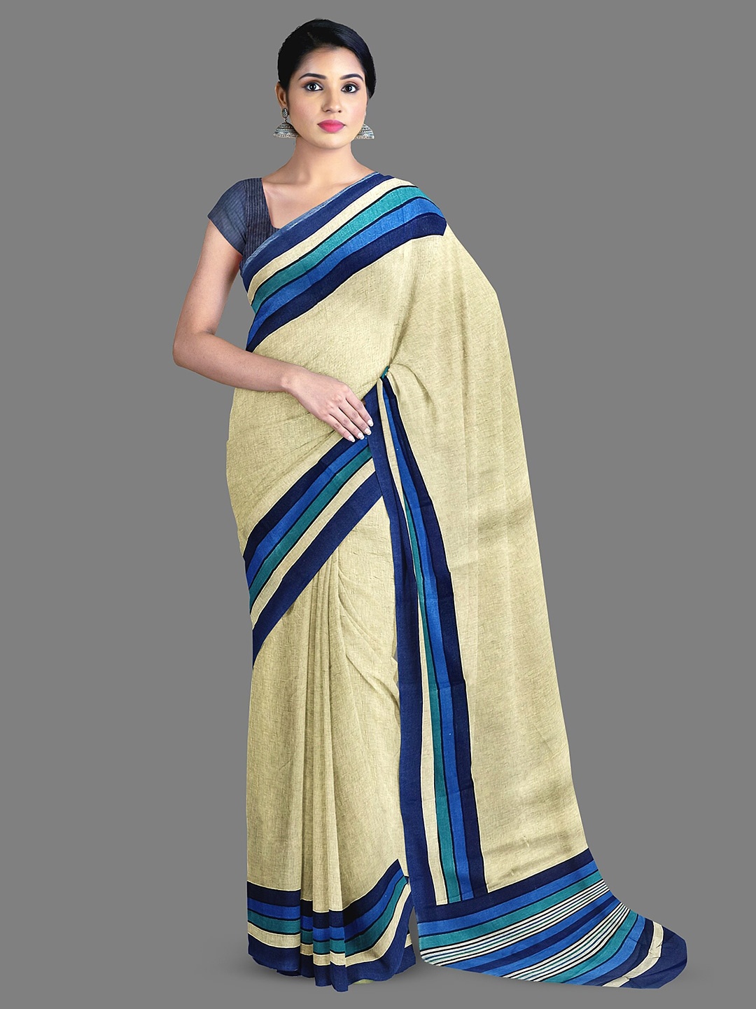 

The Chennai Silks Striped Printed Saree, Beige