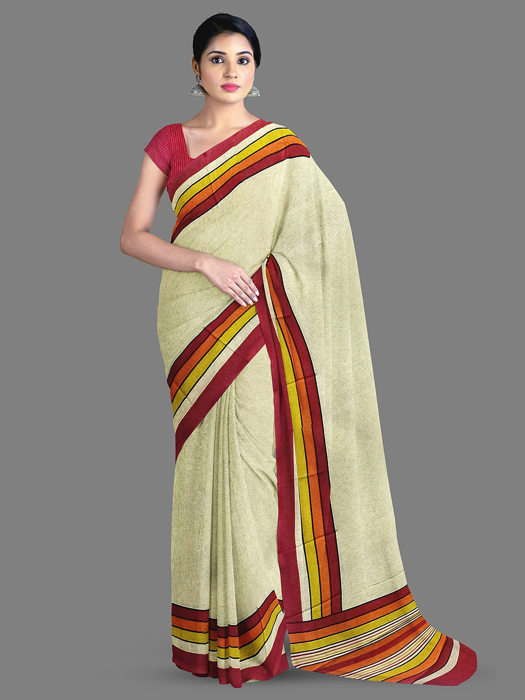 

The Chennai Silks Striped Printed Saree, Beige
