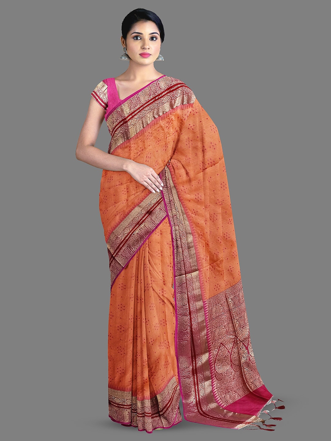 

The Chennai Silks Bandhani Zari Cotton Chanderi Saree, Peach