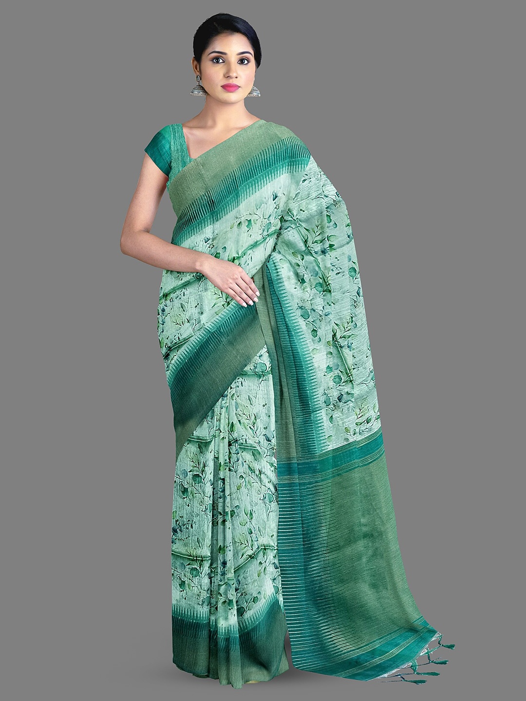

The Chennai Silks Floral Printed Zari Chanderi Saree, Green