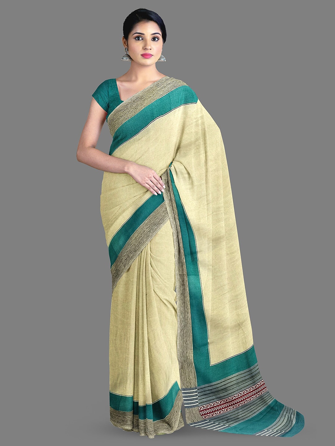 

The Chennai Silks Striped Printed Saree, Beige