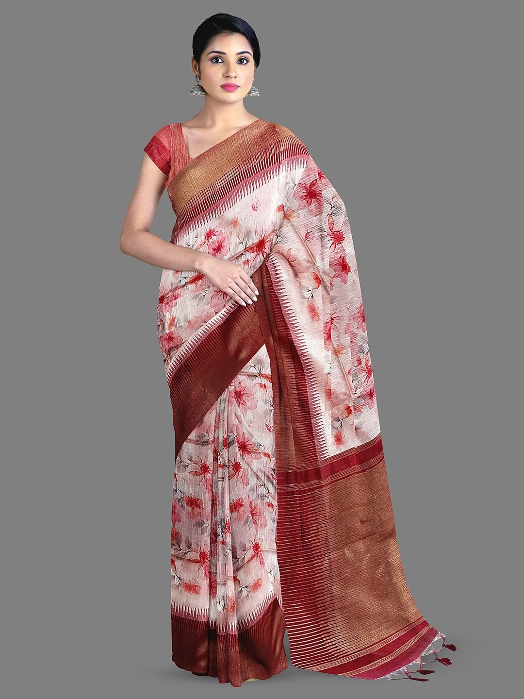 

The Chennai Silks Floral Zari Cotton Chanderi Saree, Peach