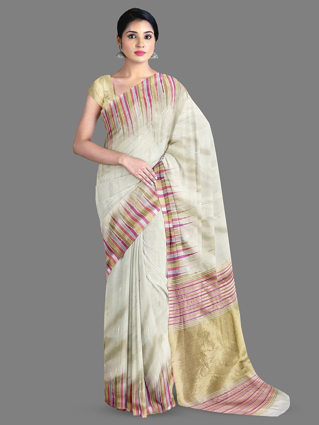 

The Chennai Silks Geometric Woven Design Zari Chanderi Saree, Cream