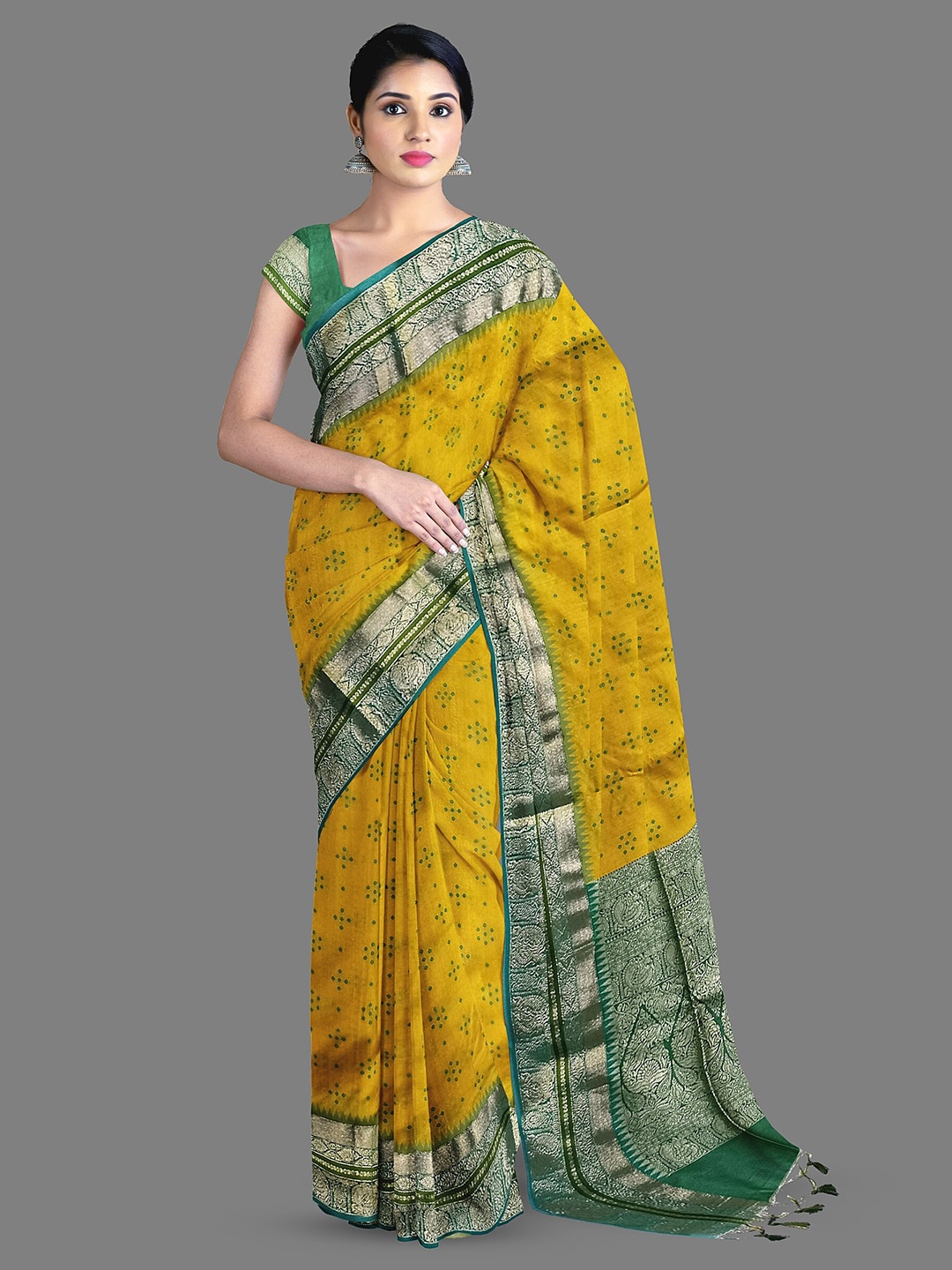 

The Chennai Silks Bandhani Printed Zari Chanderi Saree, Yellow